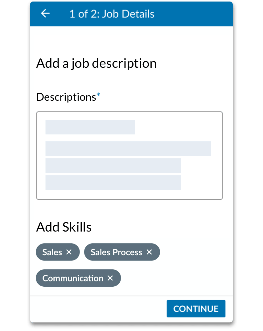 A product screenshot showing job posting details: the beginning of a job description and skills associated with the post.