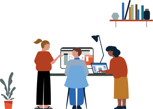 Illustration mehrerer Personen, die zusammen an einem Schreibtisch arbeiten