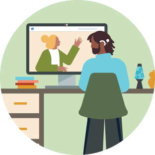 Illustration of an individual with headphones on working at their desk in front of their computer displaying a video.