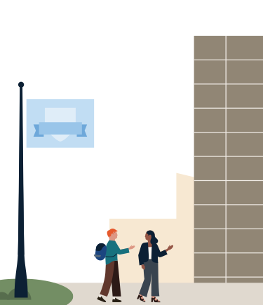 An illustration depicting an urban scene with college students on the left and a workplace setting on the right.