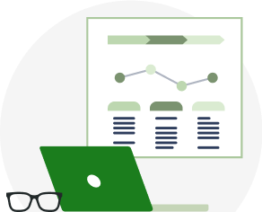 Illustration of glasses, laptop, and chart