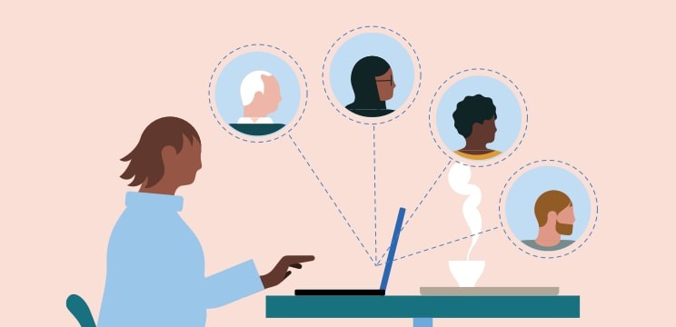 Woman at a laptop with 4 headshots representing accounts