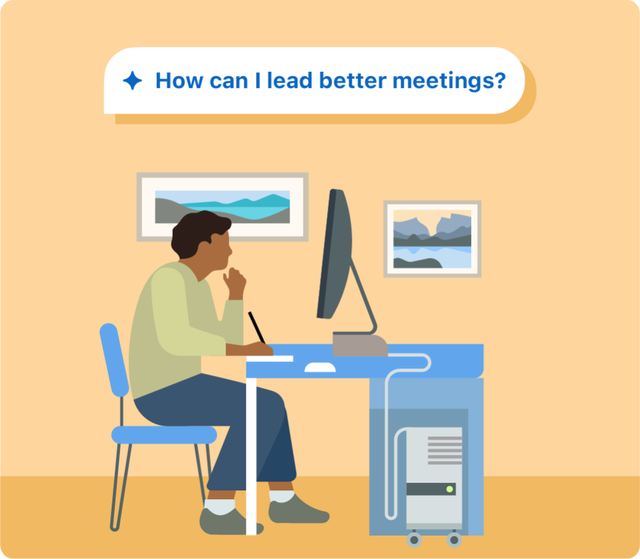 Person at their computer asking AI-powered coach “How can I lead better meetings?