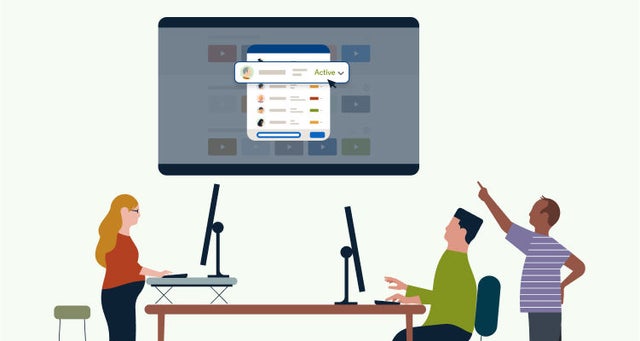 Illustration of three professionals giving a presentation