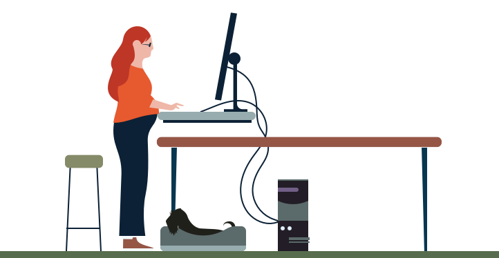 An illustration of someone working on a computer at a standing desk.