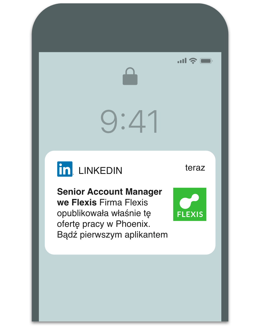 Zrzut ekranu produktu przedstawiający publikację oferty pracy z listą potencjalnie interesujących ofert pracy w formie powiadomienia na urządzenie mobilne.