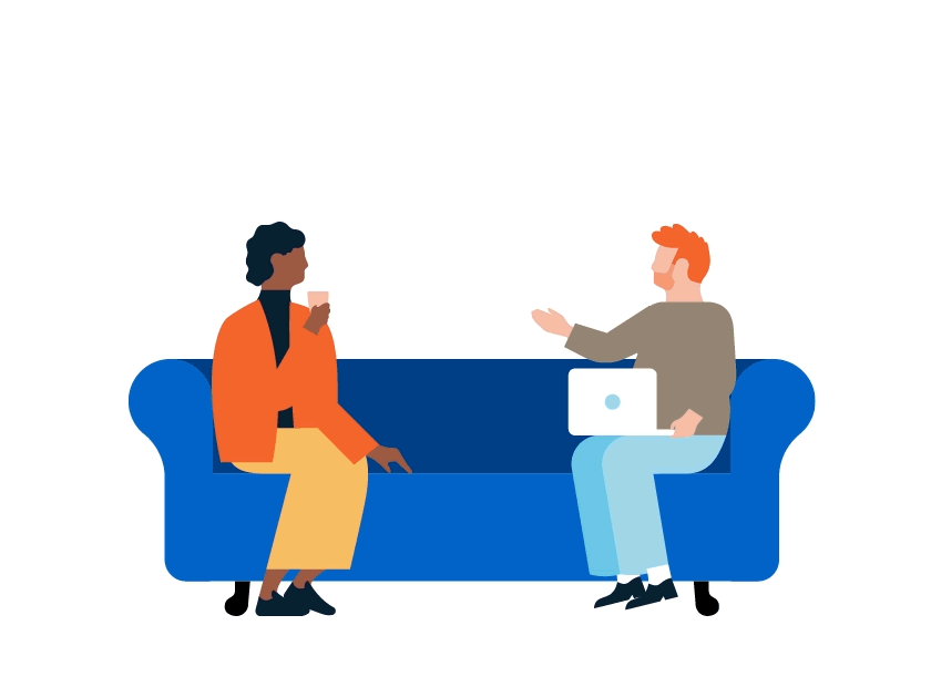 Animation of two people on a couch discussing something.