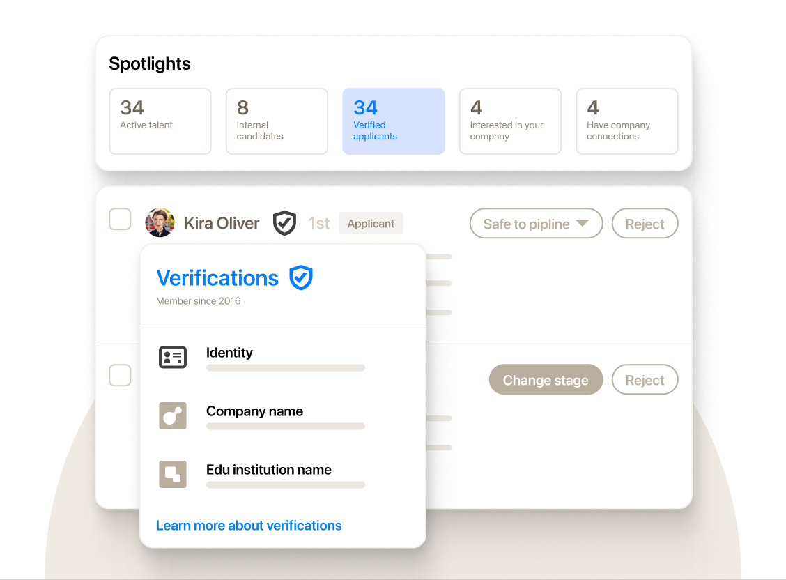 LinkedIn Recruiter Spotlights panel showing Active talent, Internal candidates, Verified applicants, Interested in your company, and Have company connections, with a verification card listing identity, company, and education checks