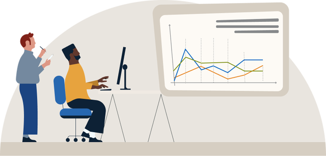 Illustration of two people looking at information graphs