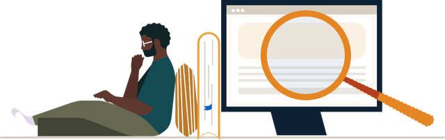 illustration of a person studying next to a monitor with information magnified on it
