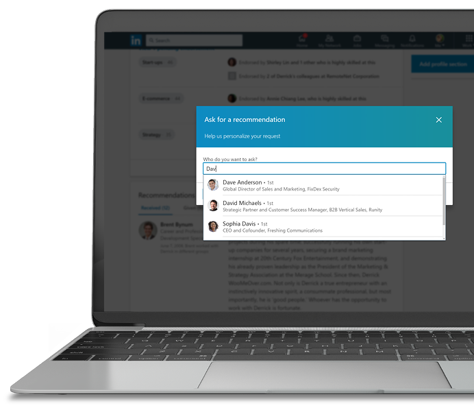 Image of a laptop highlighting the search capabilities of the LinkedIn platform