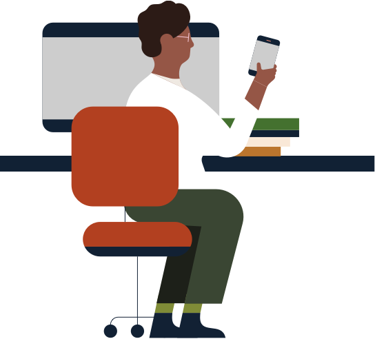 illustration of man at a workstation looking at a mobile device