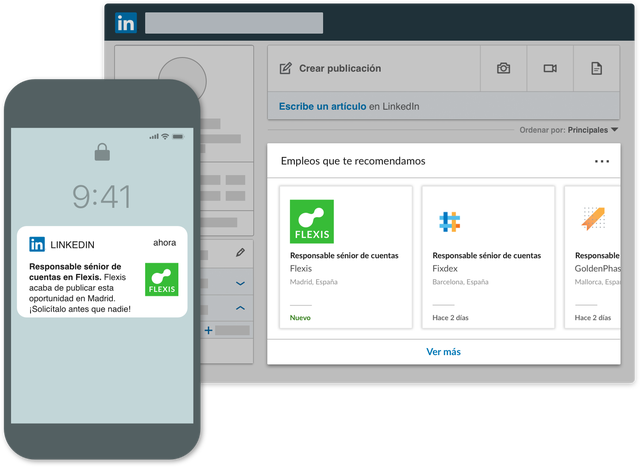Captura de pantalla que muestra un anuncio en una lista de empleos que podrían interesarte y como notificación en un dispositivo móvil.