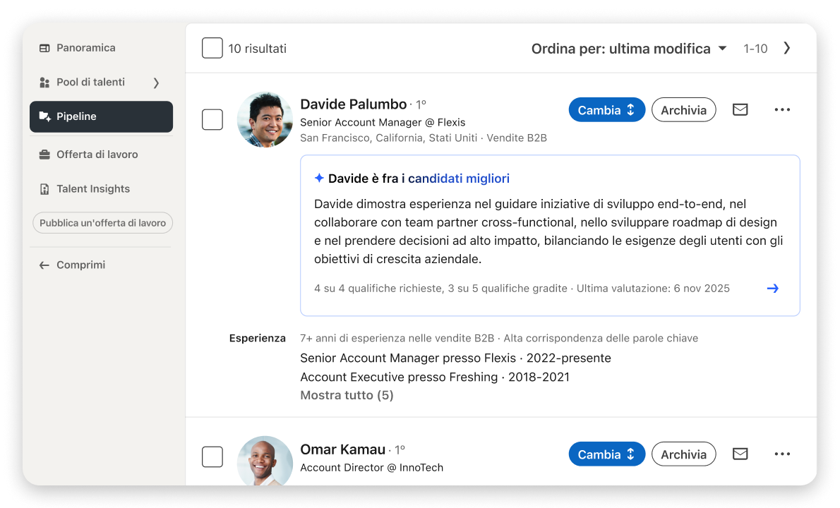 Interfaccia dei risultati di ricerca di LinkedIn Recruiter