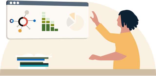 Illustration of a person examining graphs of data on a wall monitor 
