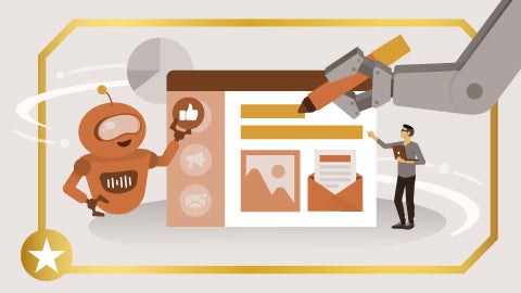 Illustration of AI and person pointing to chart