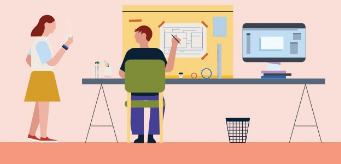 Illustration of two individuals at a desk.