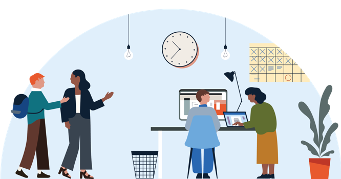 An illustrated classroom scene showing two people walking on the left side of the classroom and two people collaborating on the right side.