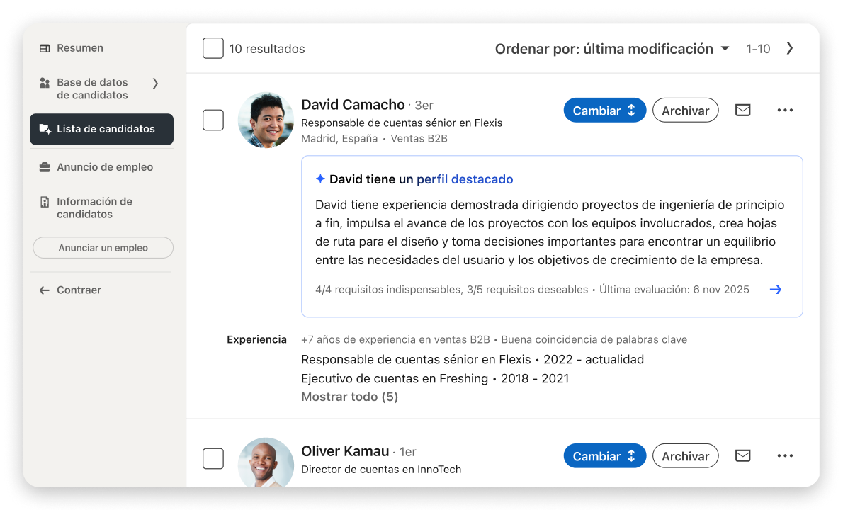 Interfaz de resultados de búsqueda de LinkedIn Recruiter