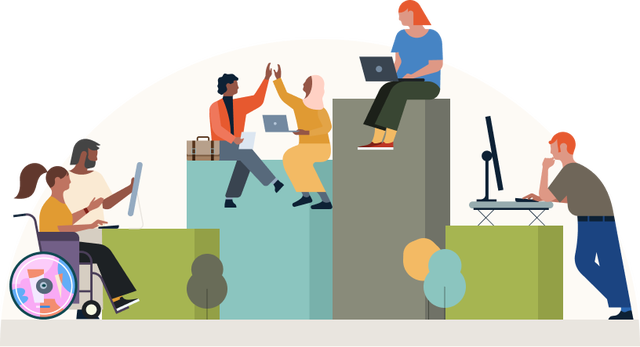illustration of allot of people studing and working in different enviroments