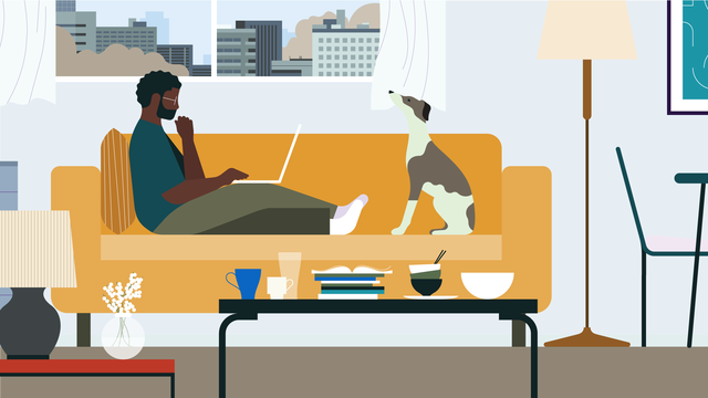 Illustration of a man sitting on a couch working on his laptop with a dog nearby.