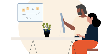 illustration of one person helping another on a computer