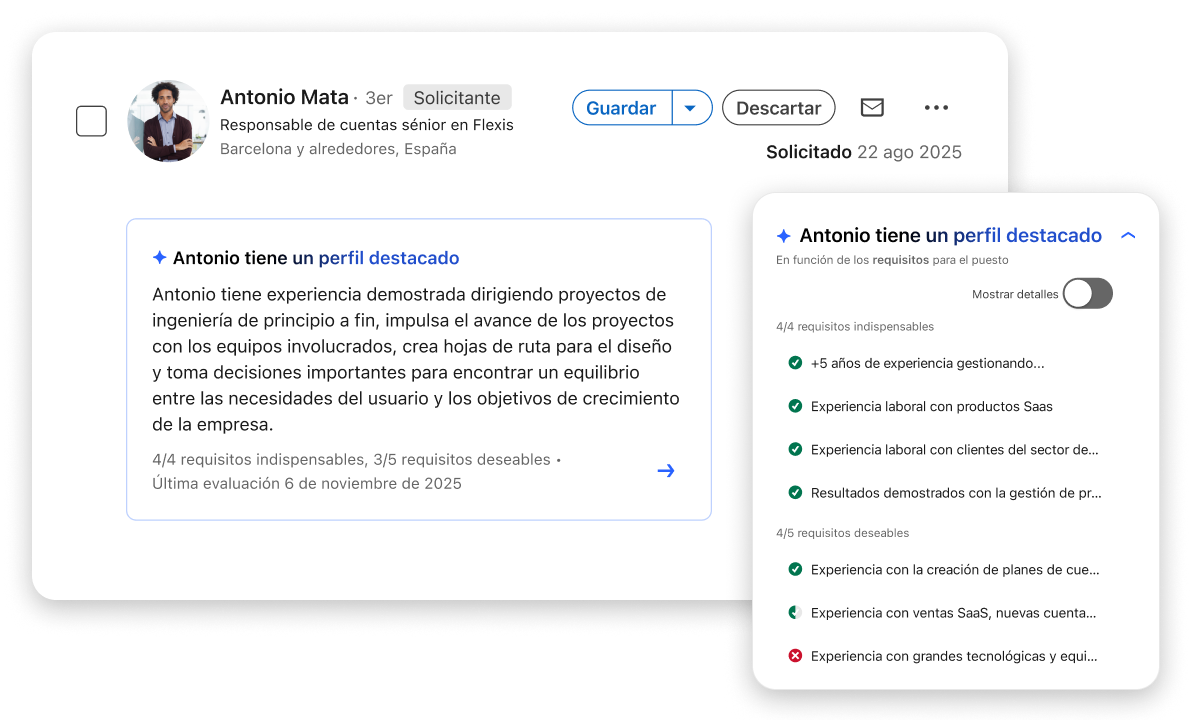 Interfaz de destacados de LinkedIn Recruiter