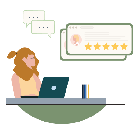Illustration of an individual sitting with their laptop with reviews on the side.