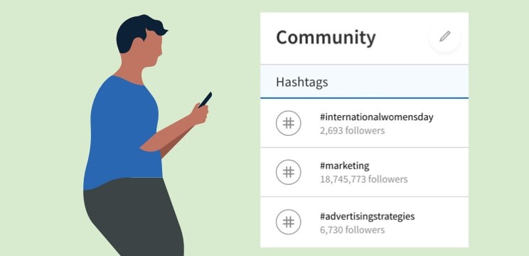 A person looks at their phone beside a screenshot example of hashtags