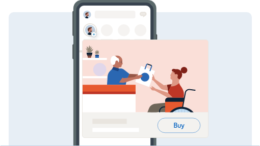 Illustratie van een verkooptransactie tussen twee personen op een scherm van een mobiele telefoon.