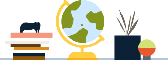 An illustration of a stack of books with an elephant statue on top, a globe, a houseplant, and circular object.