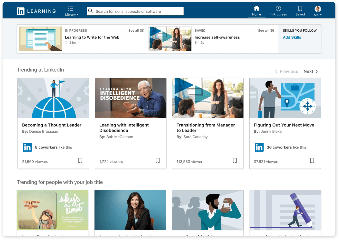 A product shot of the LinkedIn Learning platform homepage with trending courses at a person’s company, and courses trending for their specific job title. Each course shows an image, title, instructor’s name, and number of viewers.
