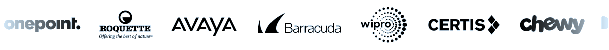Logos of Roquette, Onepoint, Chewy, Dolby, Expedia Group, Everlaw, Jacobs, Wipro, Avaya, Barracuda, Certis, Teradata, and Fabletics.