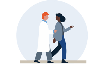 An illustration of a person in a lab coat and another person having a conversation while walking.