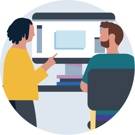 Illustration of professionals discussing information on a computer