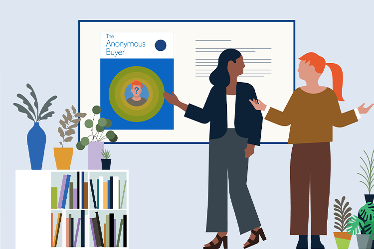Two women discuss the Anonymous Buyer in front of an interactive whiteboard