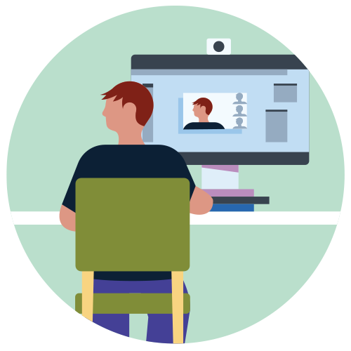 A graphic of a man at a sitting desk