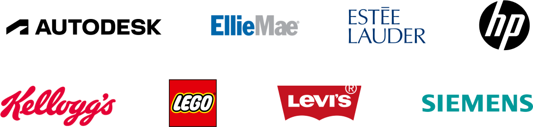 Autodesk logo, EllieMae logo, Estee Lauder logo, HP logo, Kelloggs logo, Lego logo, Levi's logo, Siemens logo.