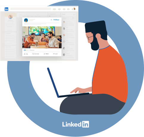 Illustration of an individual sitting with their laptop with a highlighted LinkedIn post on the side.