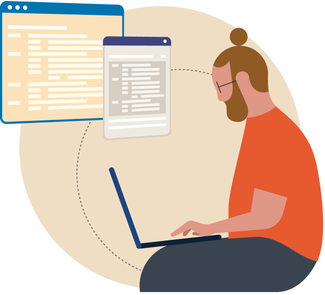 Illustration of an individual sitting with their laptop with websites on the side.