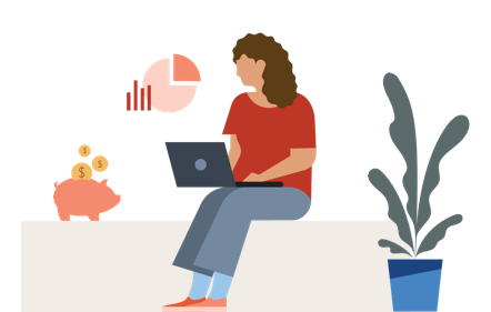 Woman on computer with piggy bank