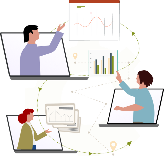 Illustration of people using computers to view and interpret various forms of data  