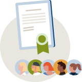Illustration of several individuals and a document with a certification badge.