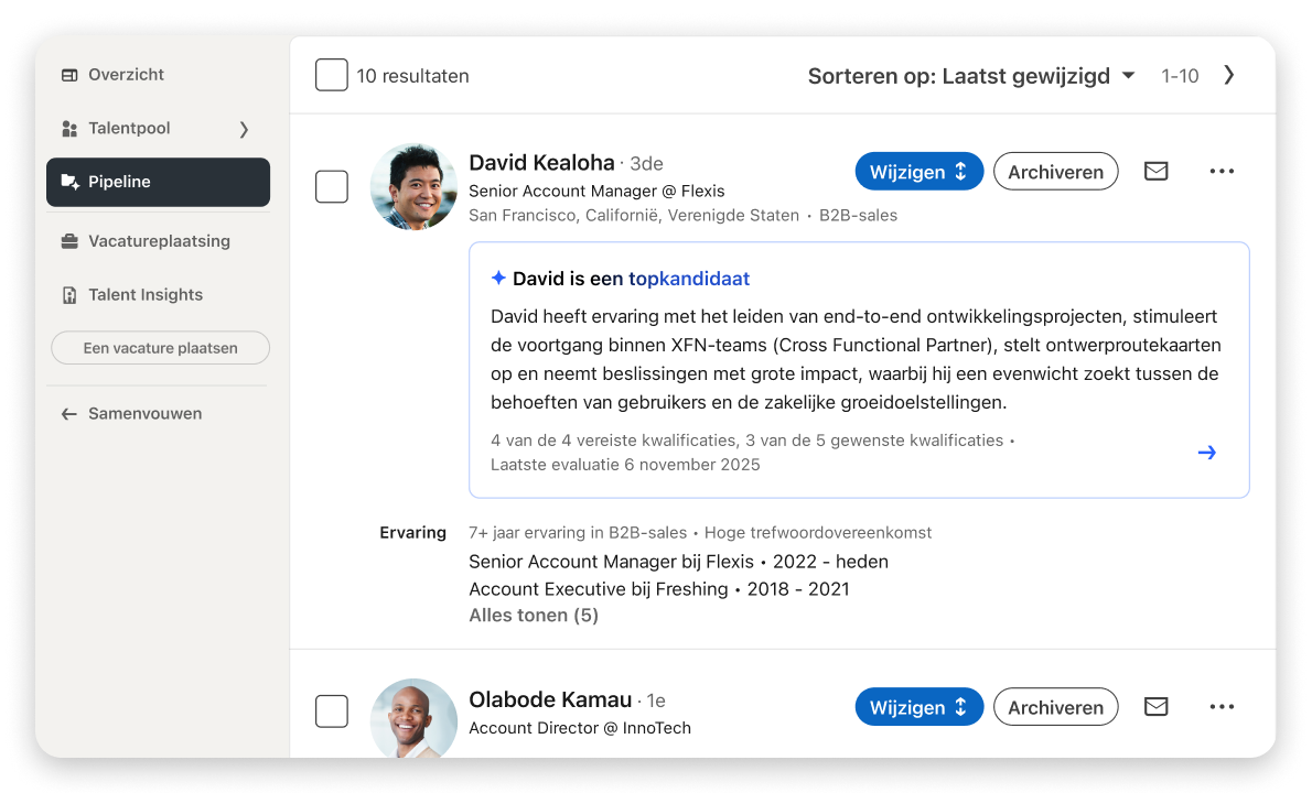 Interface met zoekresultaten van LinkedIn Recruiter