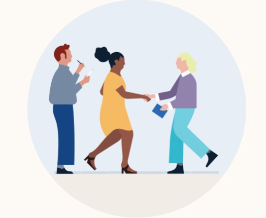 Illustration of three individuals walking together in a line over a background of a animated graph.
