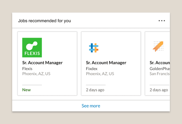 An illustrated product screenshot of a job post in a list of jobs you may be interested in. Highlighted are three jobs with company’s name, logo, job title, location, and when it was posted.
