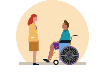 An illustration of a man in a wheelchair and a woman having a conversation.