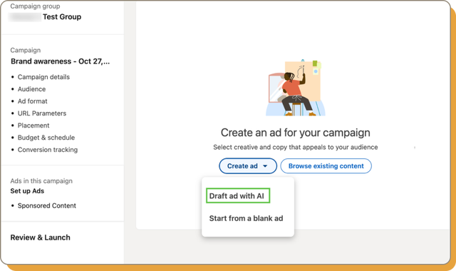 Online dashboard for creating AI drafted ad