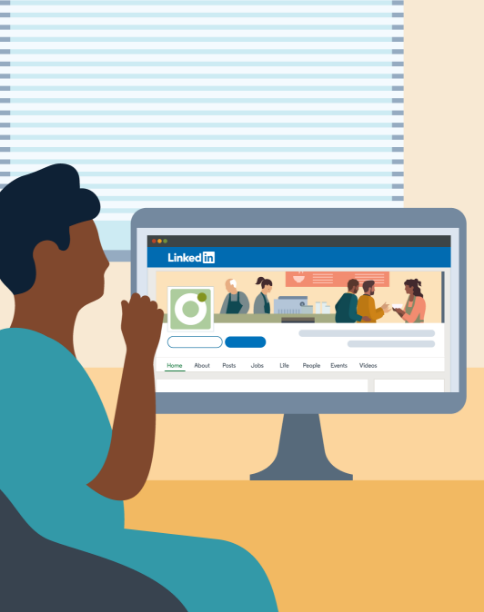 Illustration representing a person looking at a nonprofit's LinkedIn Page