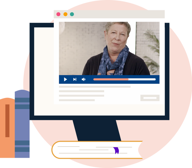 illustration of books and an on-line course on a monitor